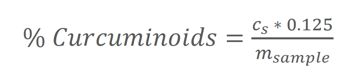 Formula to calculate the percentage of curcuminoids using the absorbance data: Percentage of Curcuminoids is equal to n Cs * 0125 dividing by Msample 